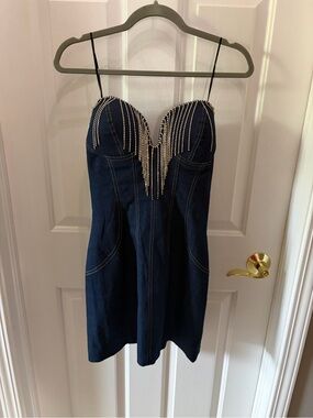 Elliatt Navy Blue Denim Mini Dress with Crystal Fringe size medium